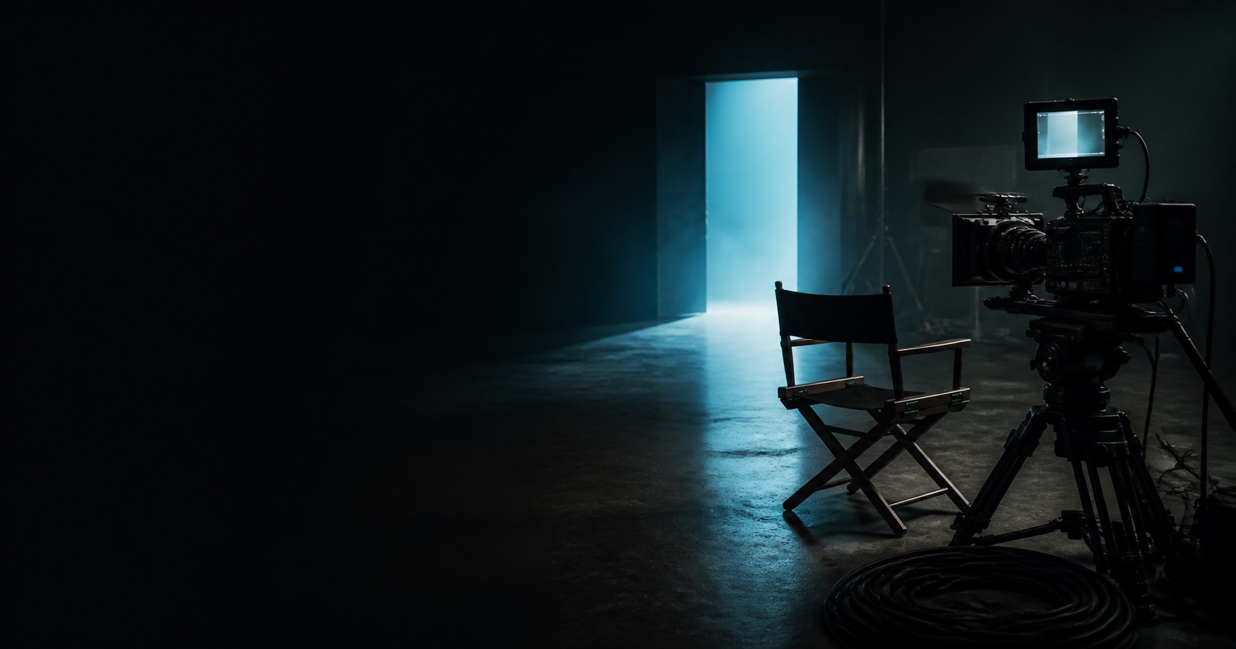 A prepared cinema camera and director chair waiting on set