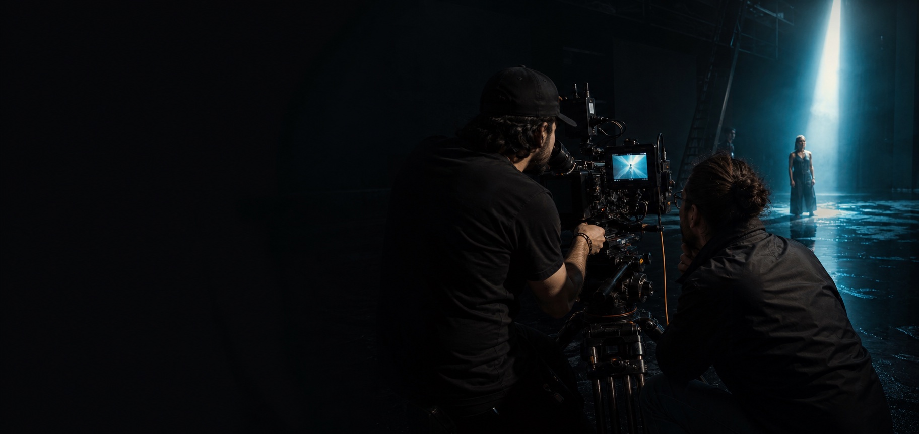 Commercial film crew operating a cinema camera on set